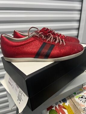Red GucciGlitter Low-Top Sneakers with Black Stripes